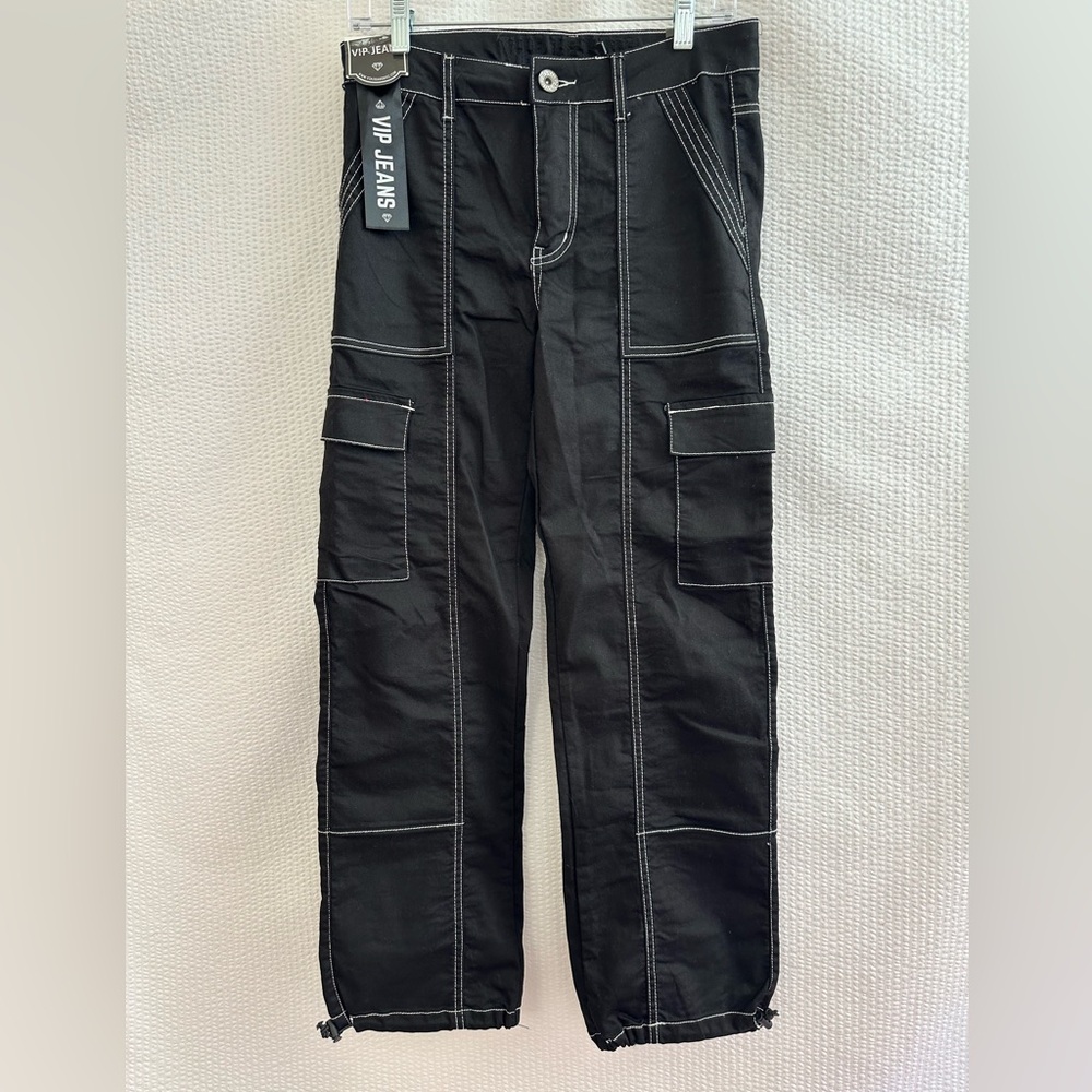 VIP JEANS Black Cargo Jogger Pants Size 7/8 NWT Contrast Stitch Y2K Utility